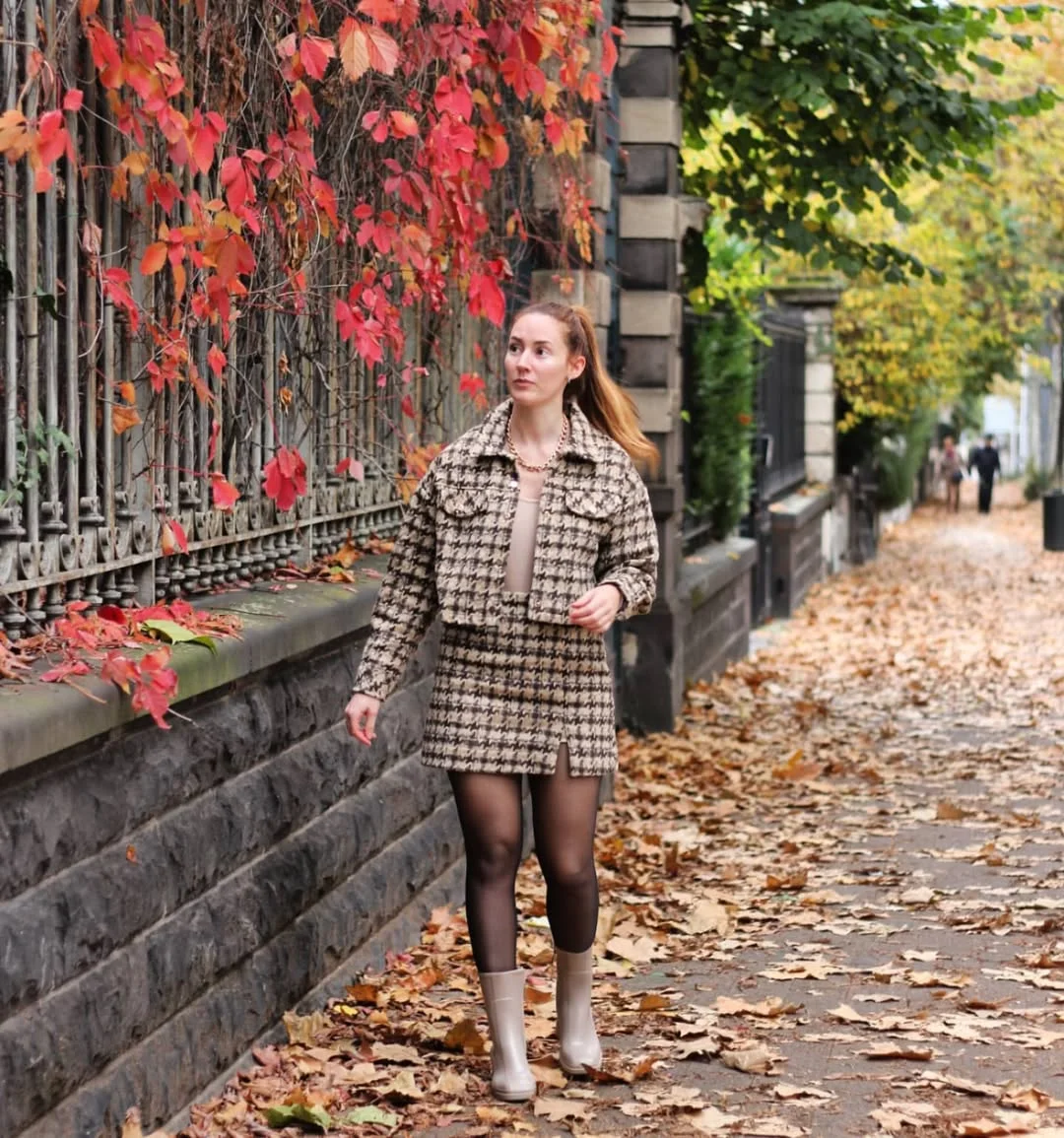 fall outfits for women in 30s style 2026 Tailored Checks and Tights Create Modern Parisian Charm