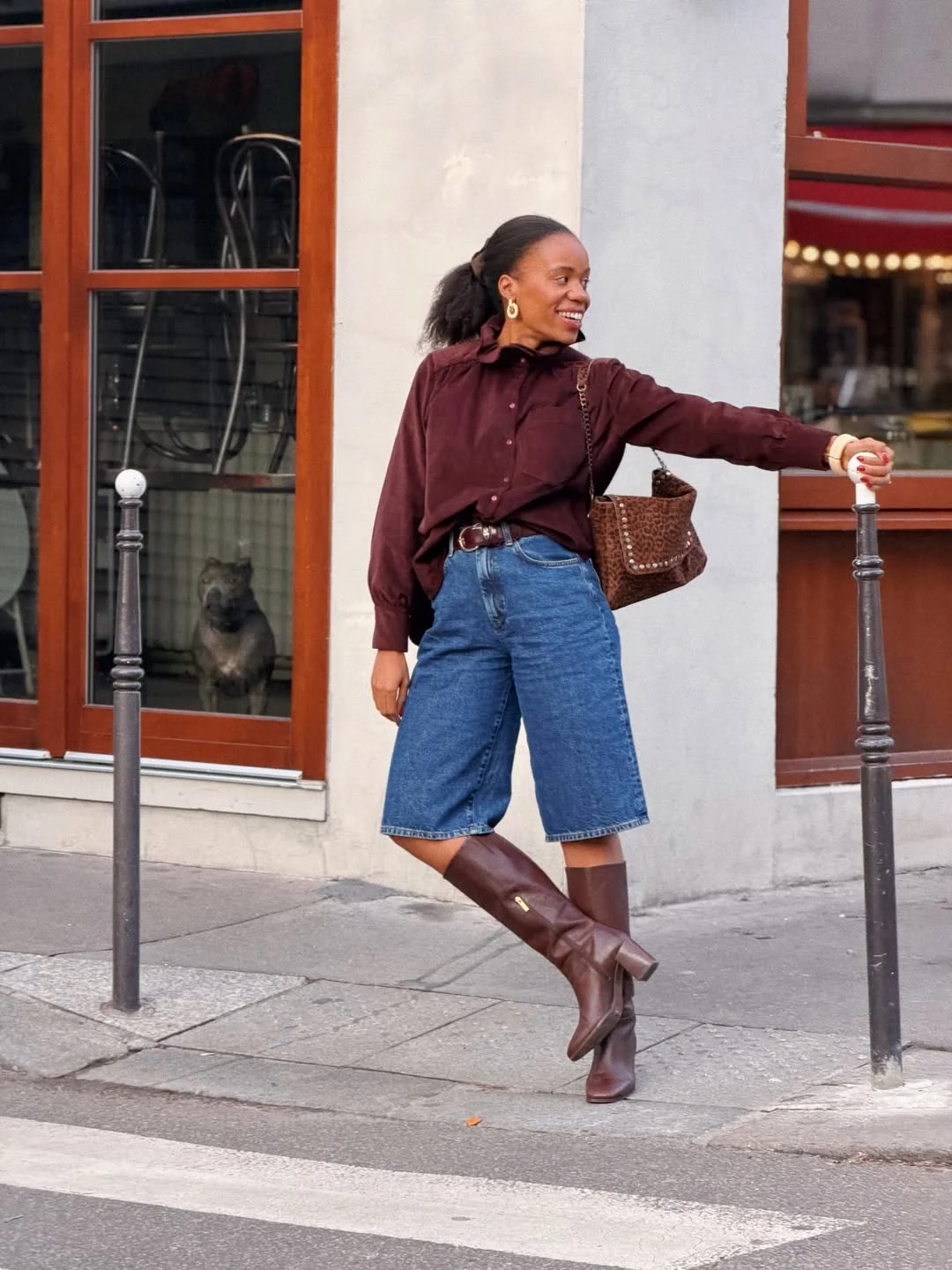 Fall outfits ideas 2026 Dark Cherry Shirts And Denim Bermudas With Tall Boots