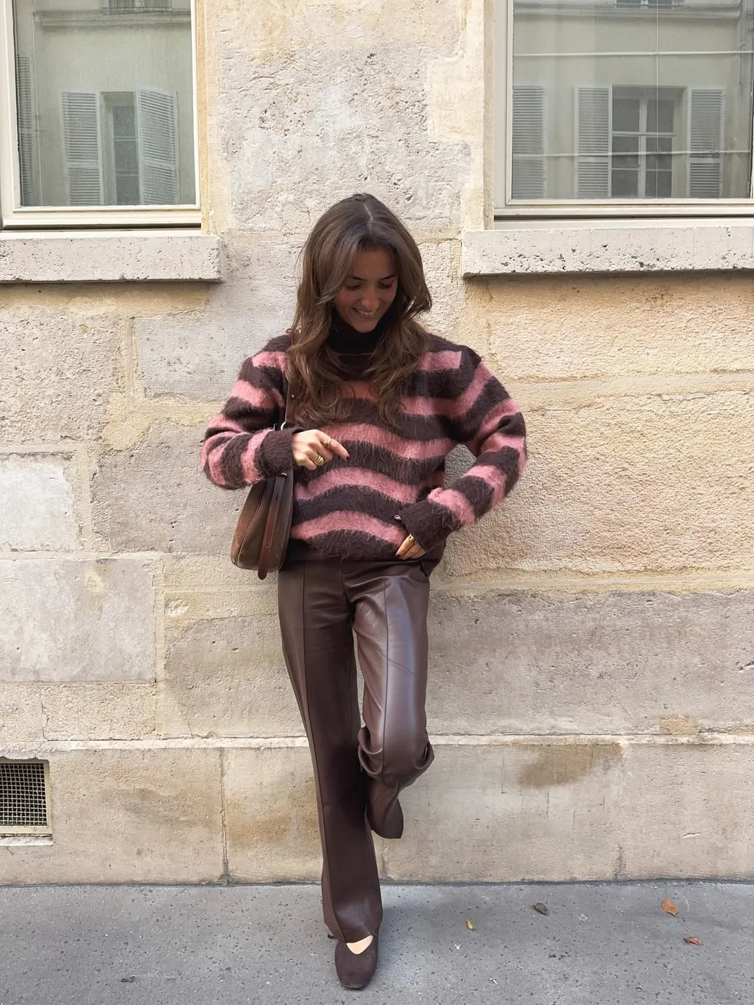Fall outfits ideas 2026 Moody Pink Stripes And Chocolate Leather Trousers