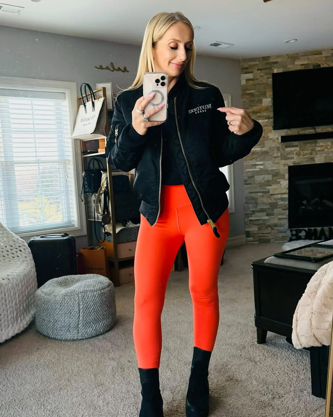 fall outfits with boots and leggings 2026 Bright Leggings with a Modern Bomber Jacket