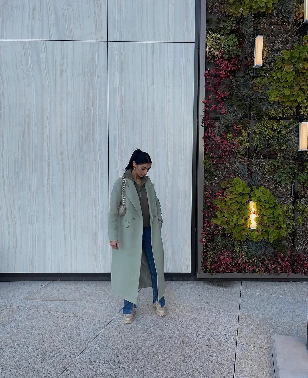 fall outfits with coat 2026 Soft Sage Tailoring That Makes Everyday Denim Feel Elevated
