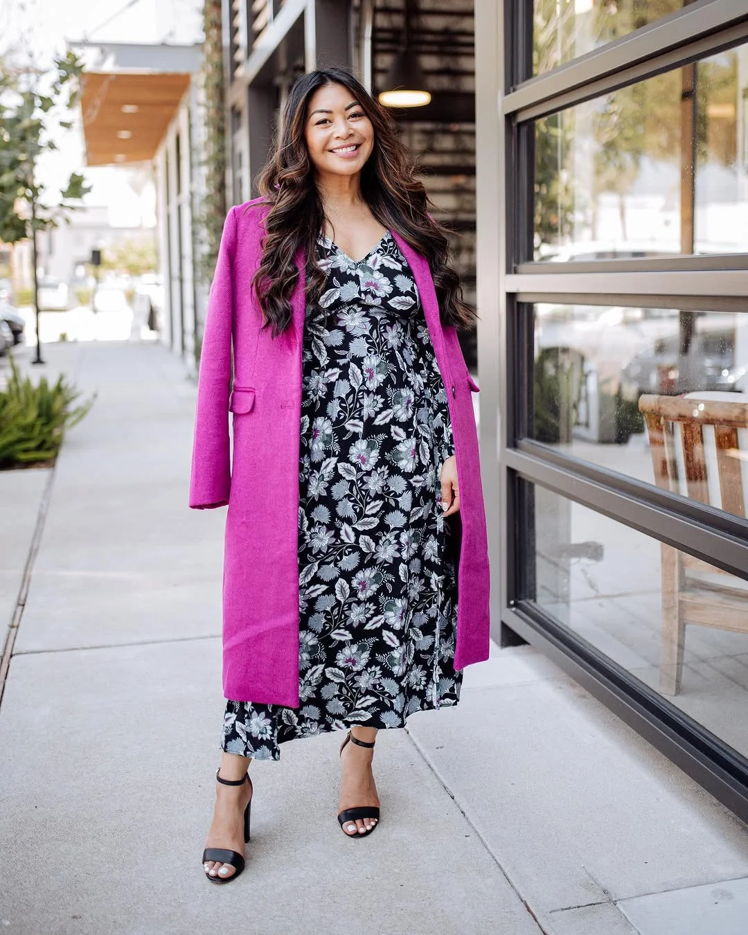 fall outfits with coat 2026 A Vibrant Magenta Coat That Instantly Brightens Floral Dresses