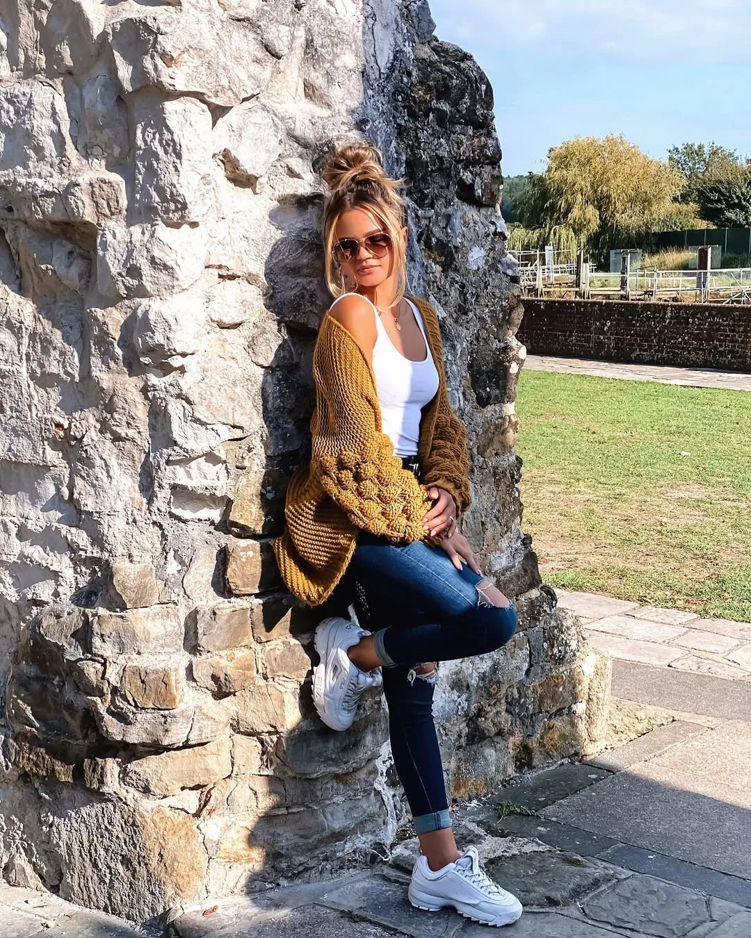 fall outfits with jeans and sneakers 2026 Chunky White Sneakers with a Cozy Knit Cardigan
