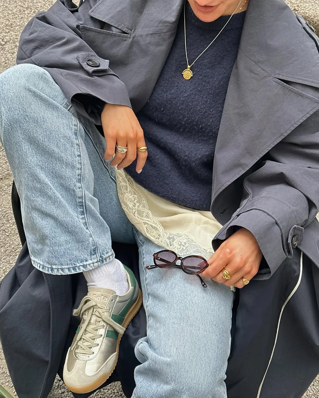 fall outfits with jeans and sneakers 2026 Classic Trench Layers with Vintage Court Sneakers