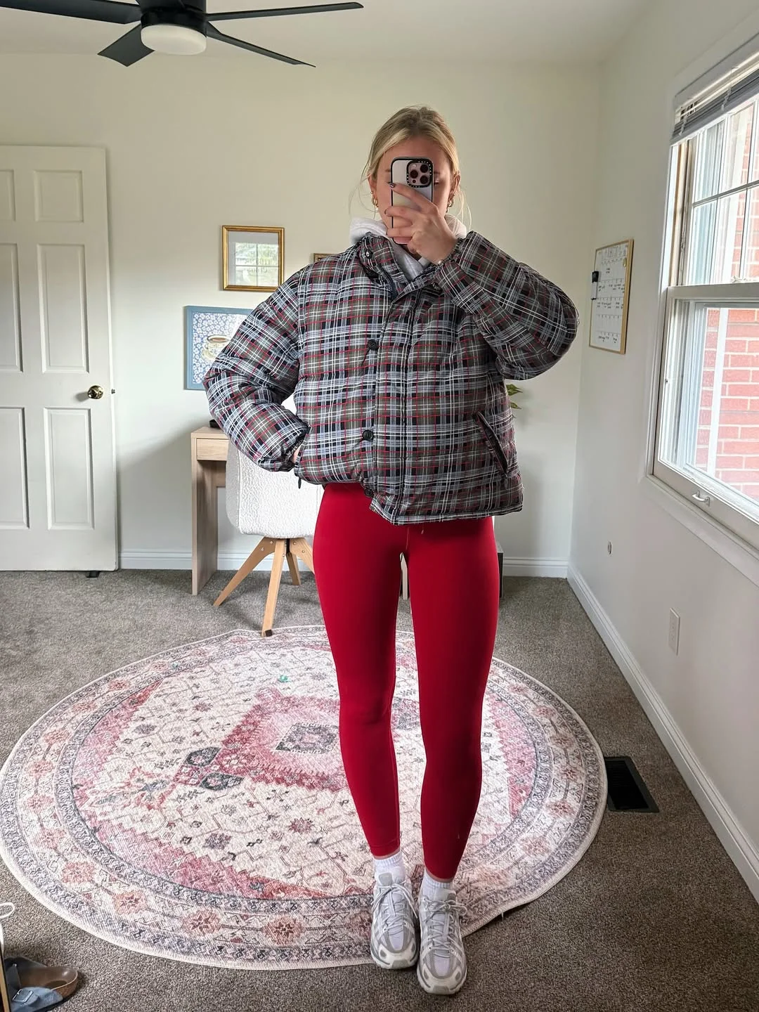 fall outfits with leggings 2026 Bold Red Leggings With Plaid Outerwear