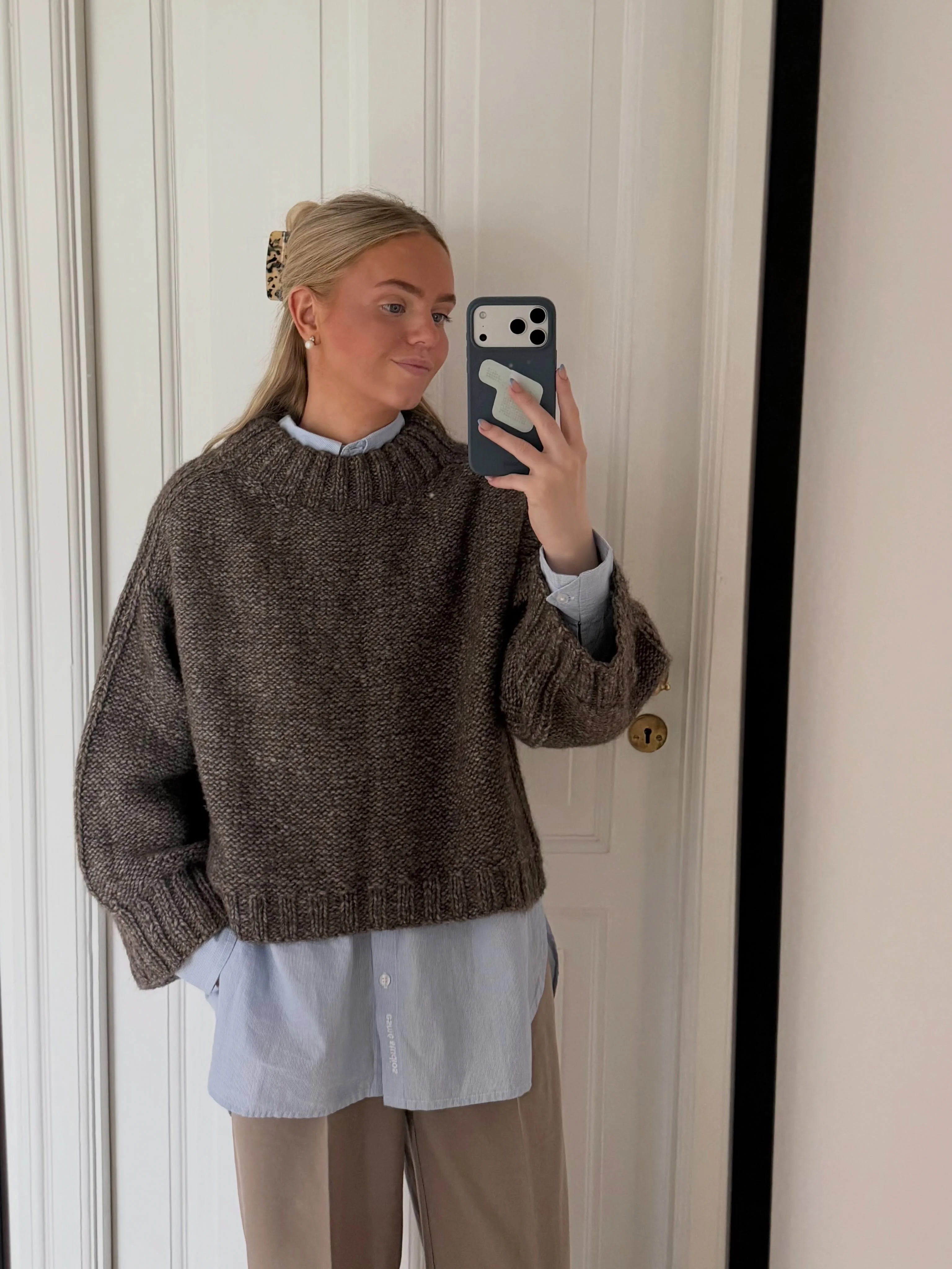 fall outfits with sweater 2026 Chunky Brown Knit Layered Over A Crisp Shirt