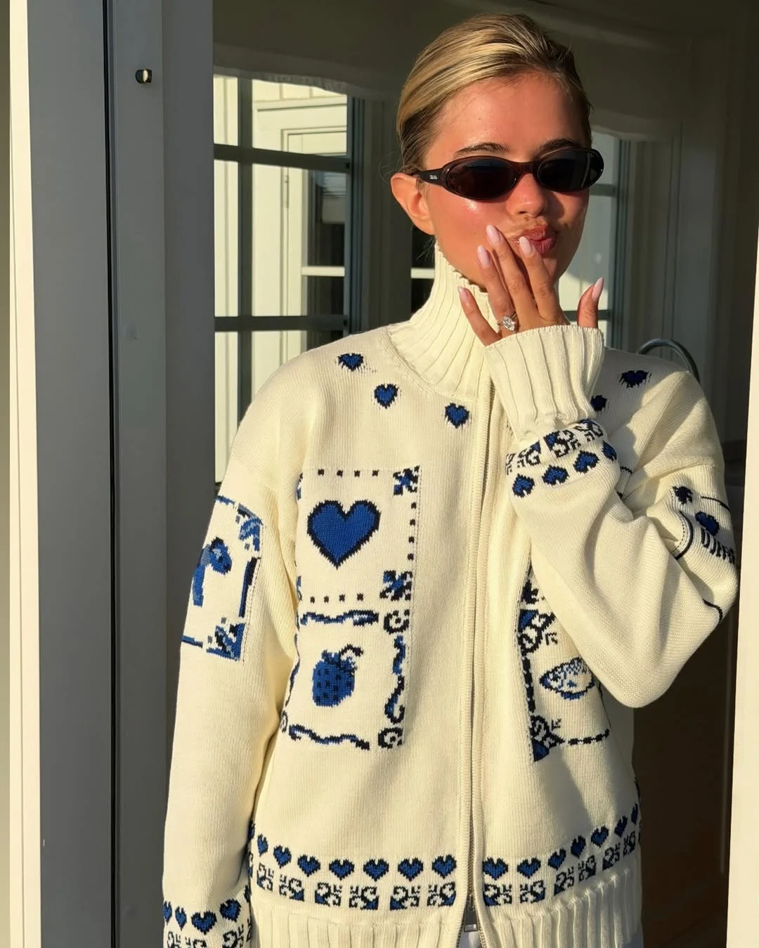 fall outfits with sweater 2026 Playful Blue Heart Cardigan That Adds Personality To Fall Layers