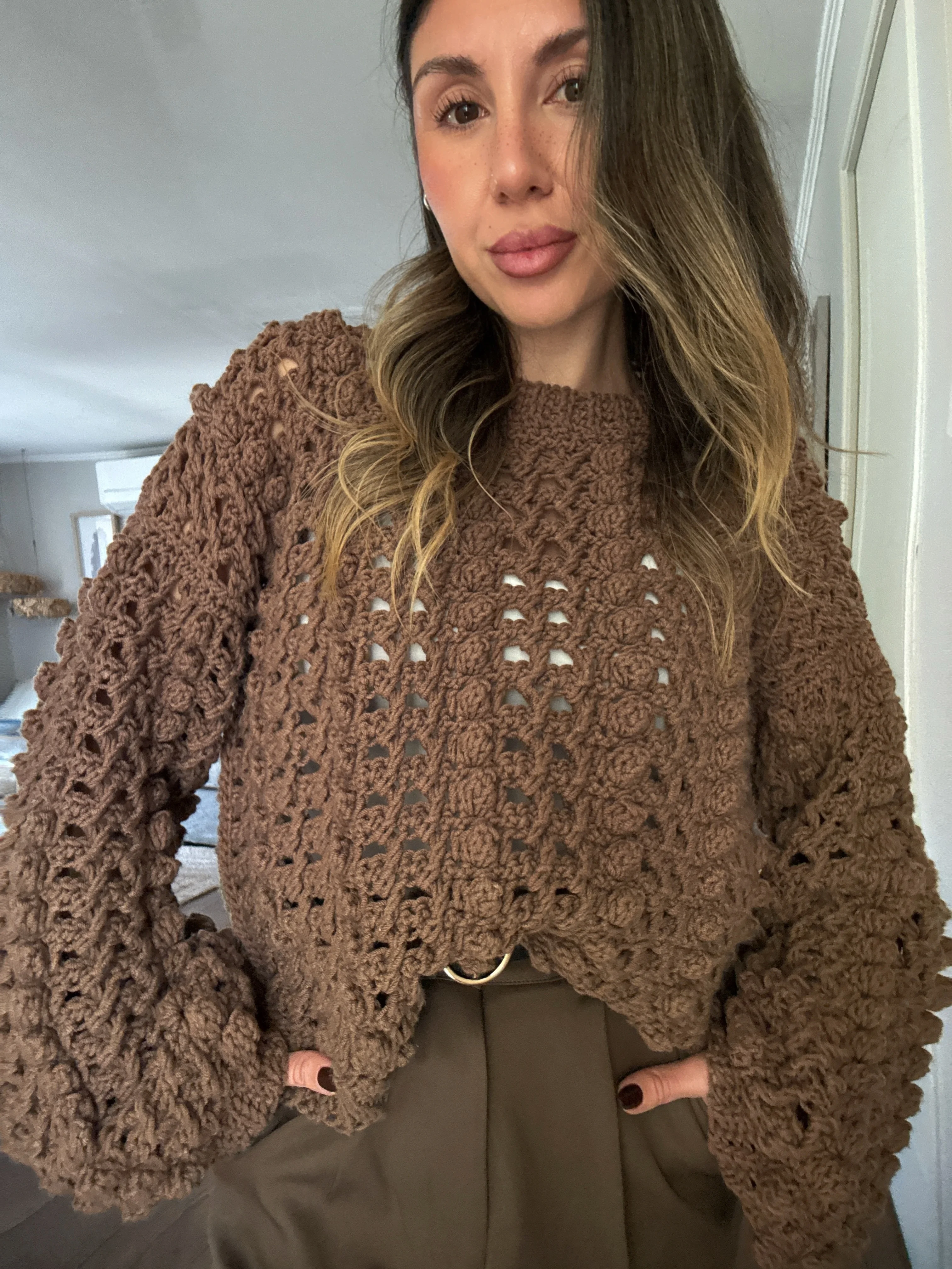 fall outfits with sweater 2026 Textured Crochet Sweater That Adds Handmade Charm To Fall