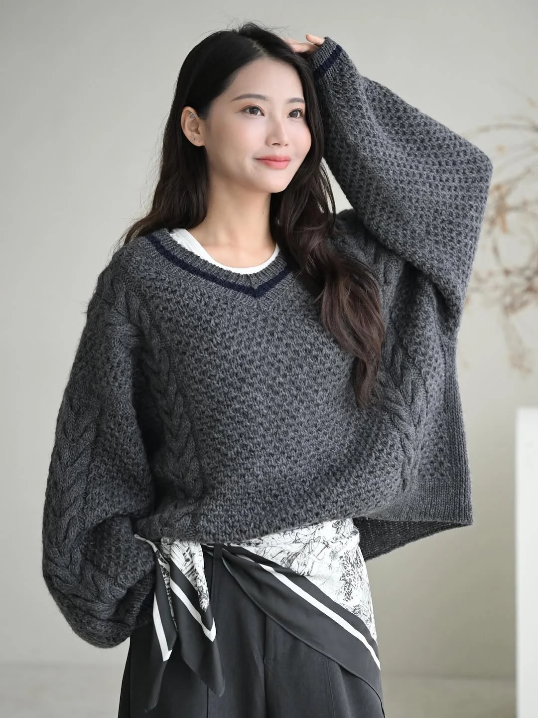 fall outfits with sweater 2026 Oversized Charcoal Cable Sweater With Modern Soft Volume