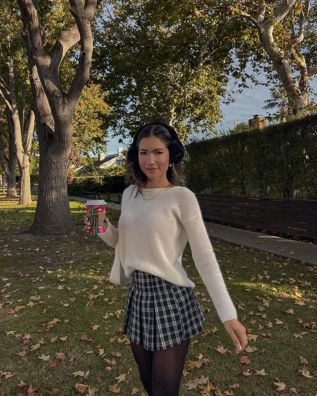 fall outfits with tights 2026 Classic Plaid Skirt and Black Tights for a Cozy Weekend