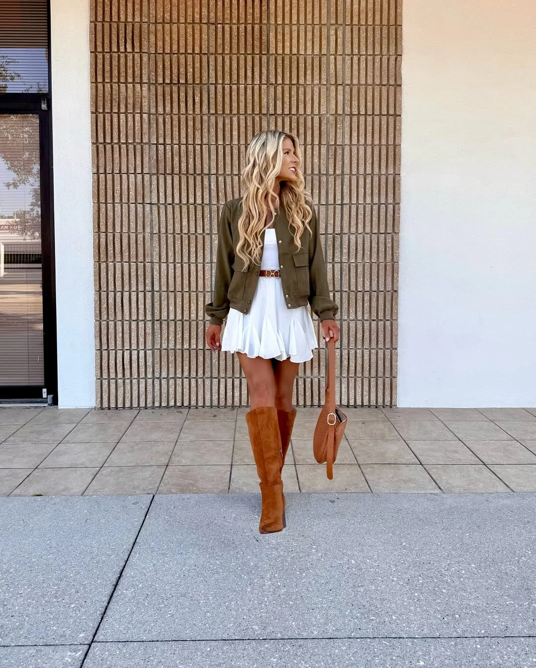 fall outfits with tights 2026 Soft White Dress and Camel Boots for Early Fall