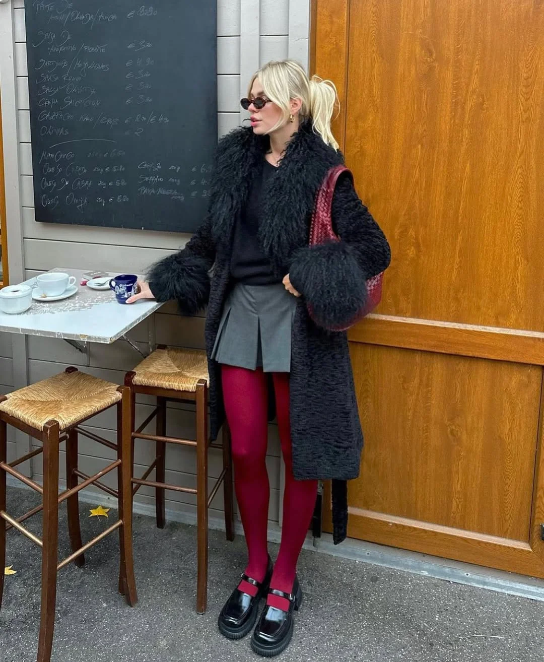 fall outfits with tights 2026 Bold Red Tights With Modern Schoolgirl Chic