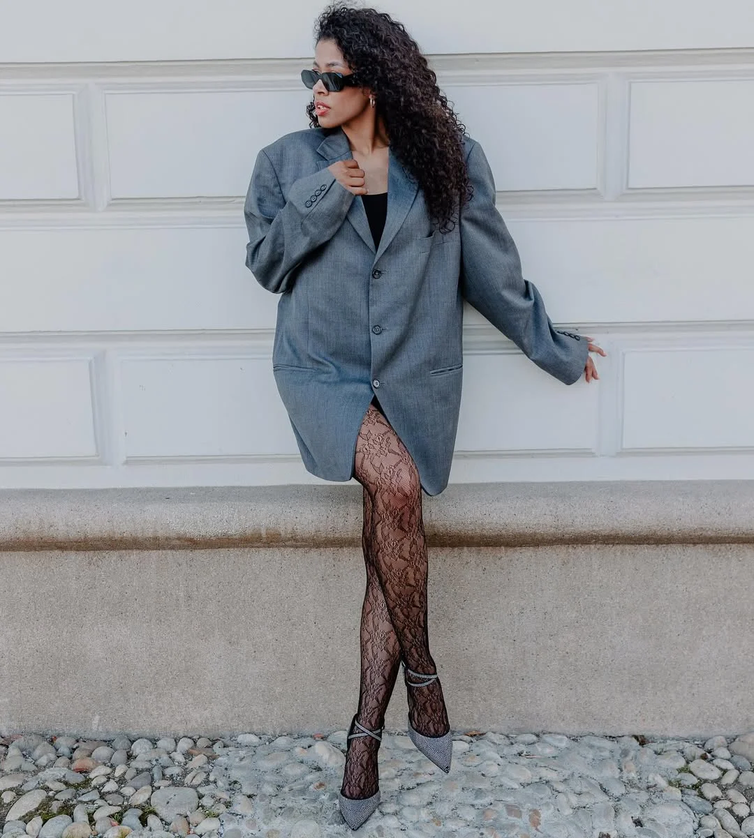 fall outfits with tights 2026 Lace Tights and Oversized Blazers for Modern Elegance