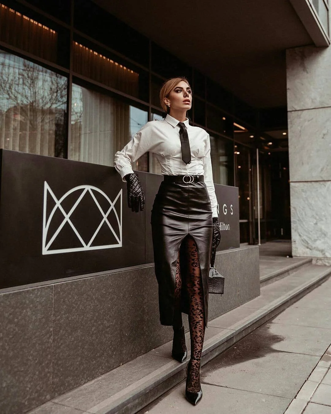 fall outfits with tights 2026 Power Dressing With Lace Tights and Leather Elegance