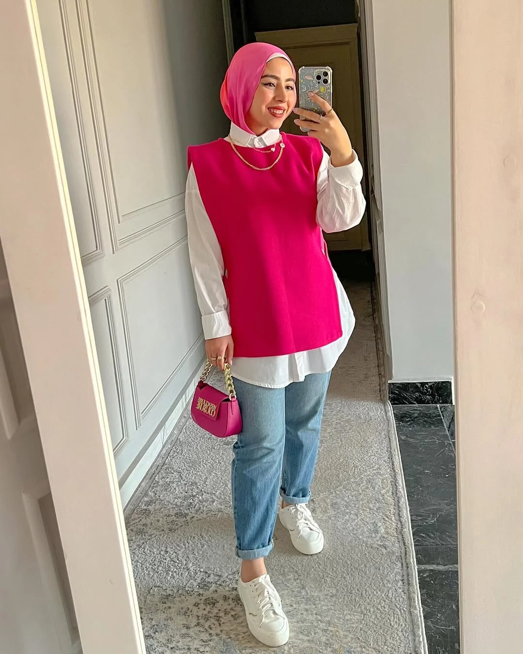fall outfits with vests 2026 Bold Pink Sweater Vest That Brightens Gray Fall Days