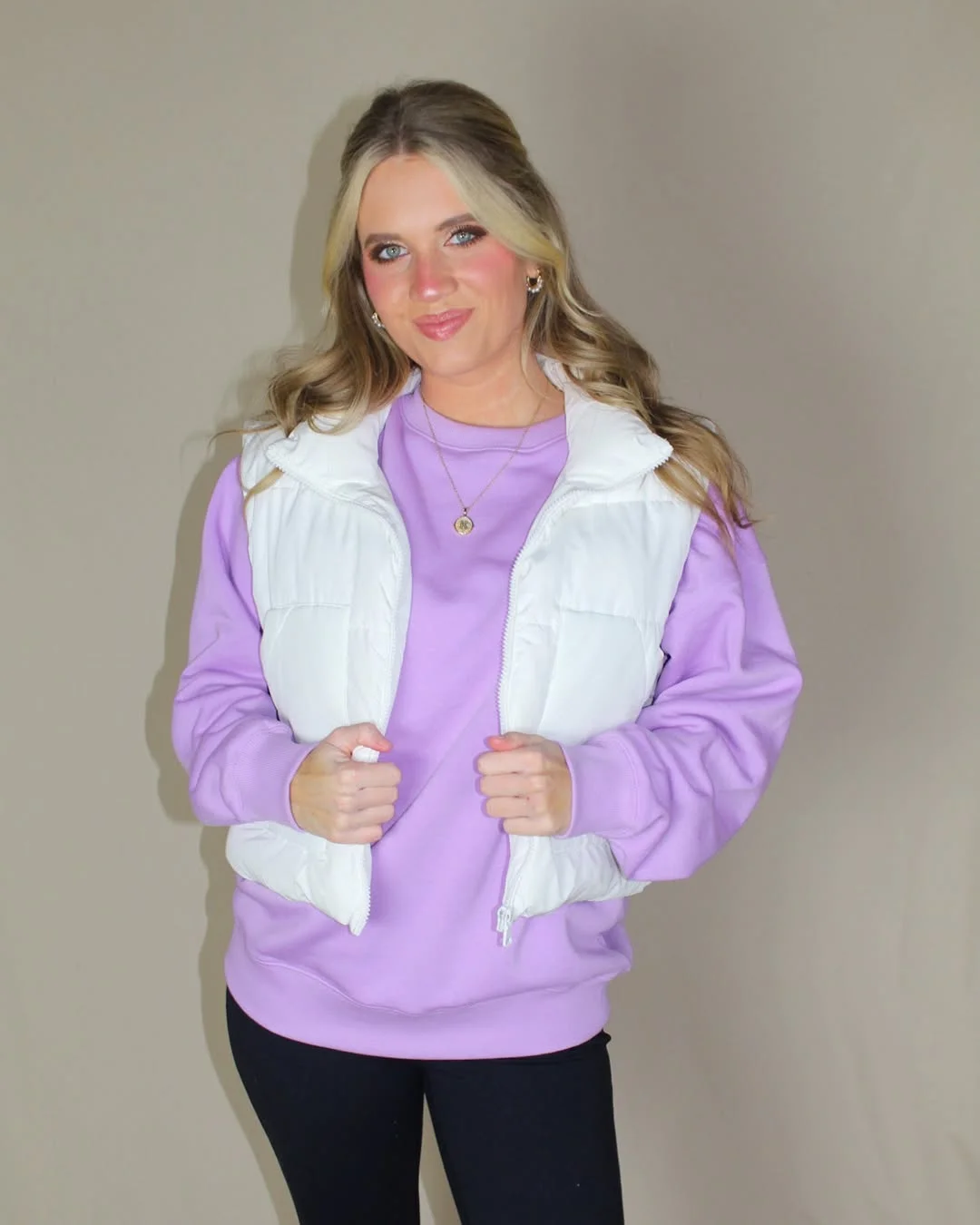 fall outfits with vests 2026 White Puffer Vest with Soft Lavender Layers
