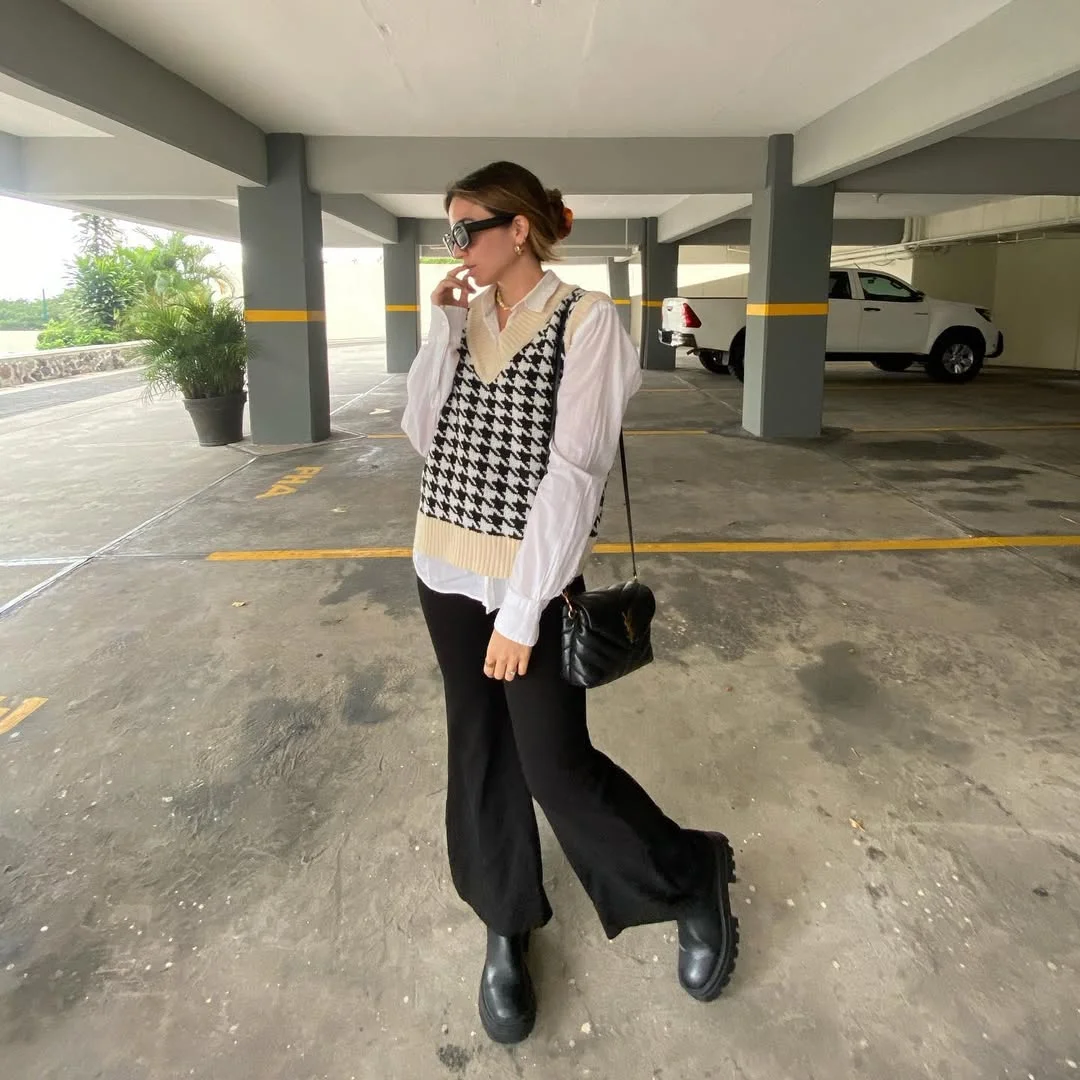 fall outfits with vests 2026 Houndstooth Sweater Vest Styled with Modern Tailoring