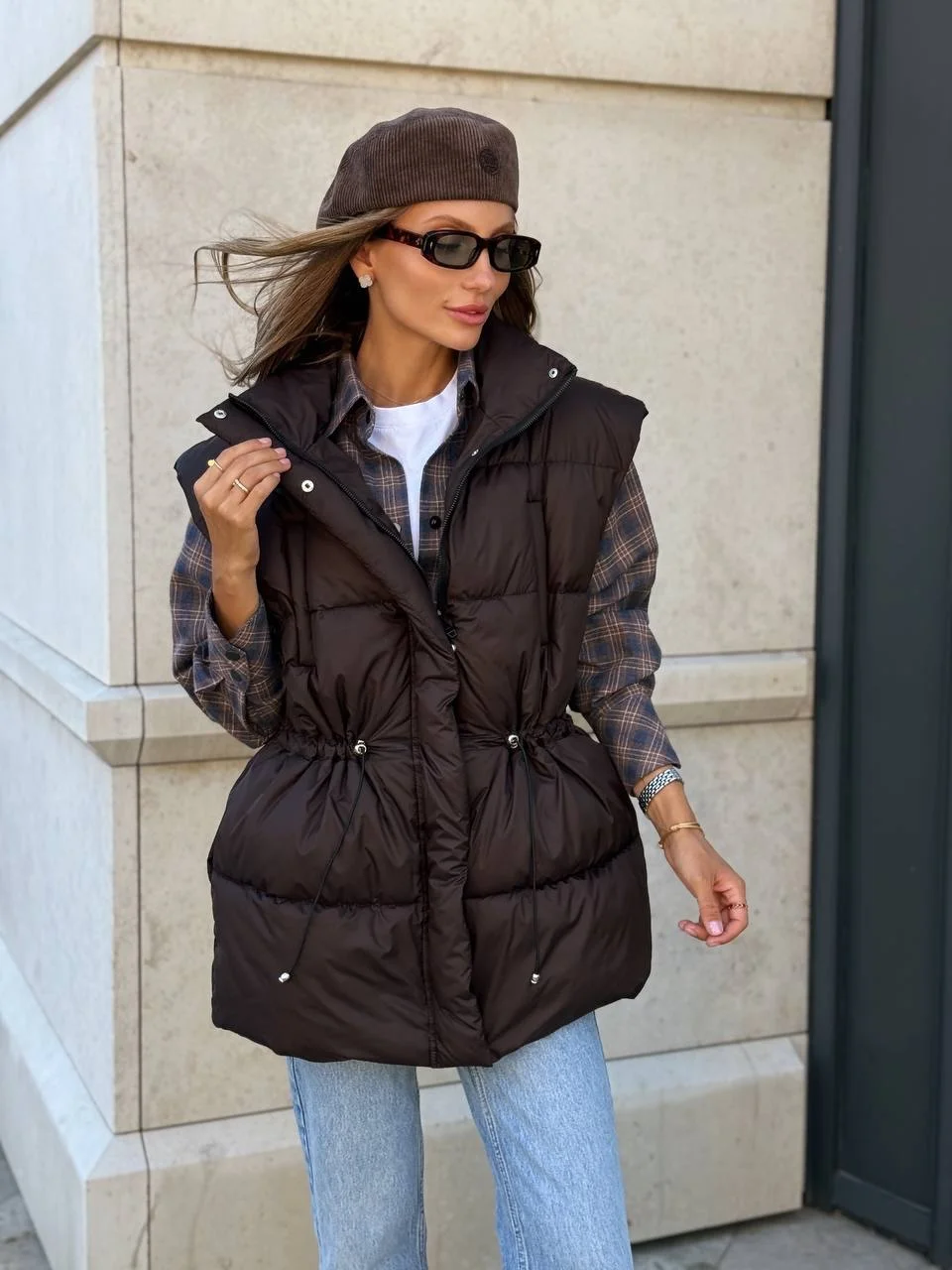 fall outfits with vests 2026 Tailored Puffer Vest Meets Relaxed Plaid Layers