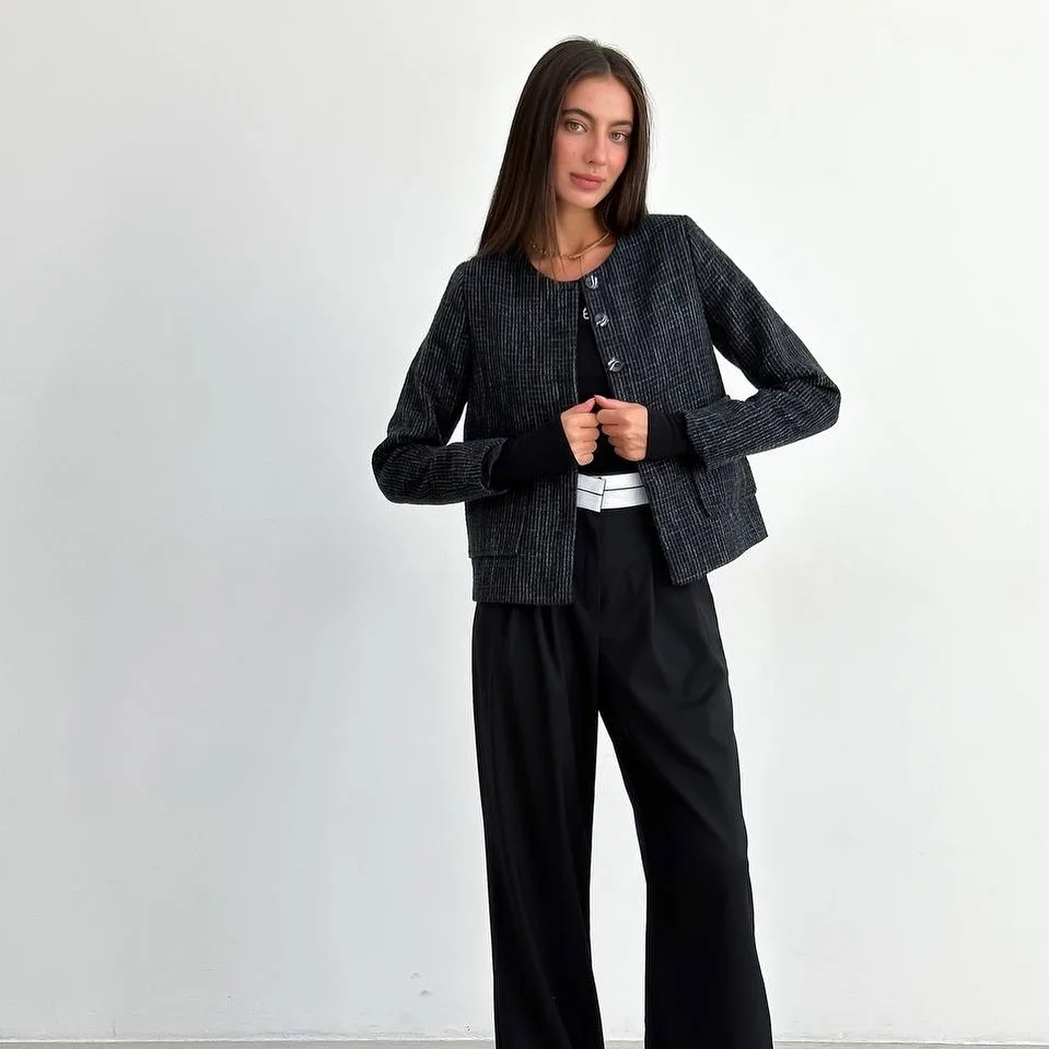 fall smart casual office outfits women 2026 Minimal Charcoal Layers With Relaxed Tailoring