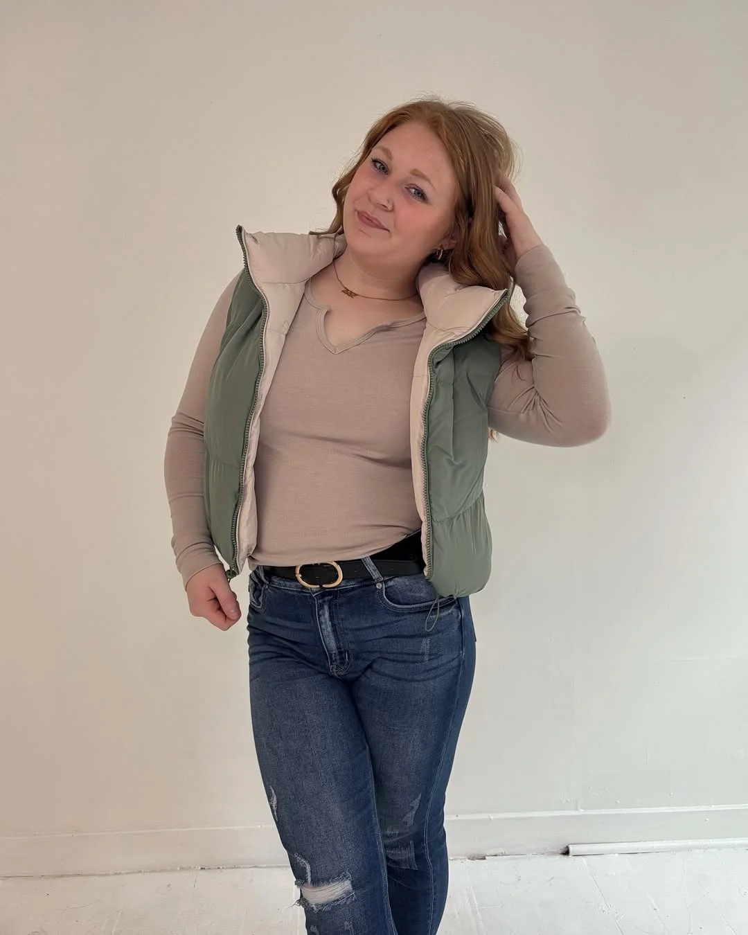 fall vest outfits for women 2026 Sporty Layers with an Olive Green Puffer Vest