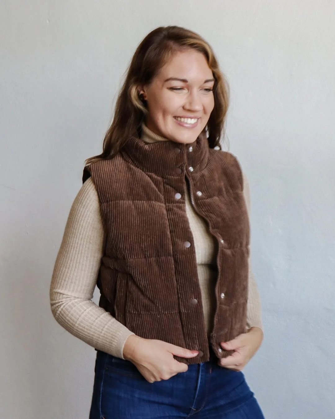 fall vest outfits for women 2026 Corduroy Puffer Vest in Rich Brown Neutrals