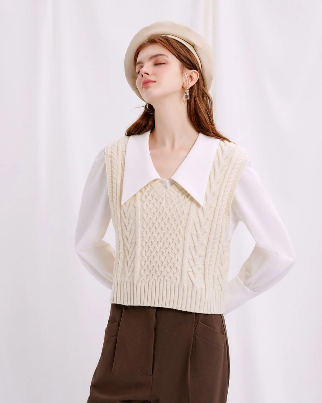 fall vest outfits for women 2026 Elegant Cream Cable Knit Sweater Vest