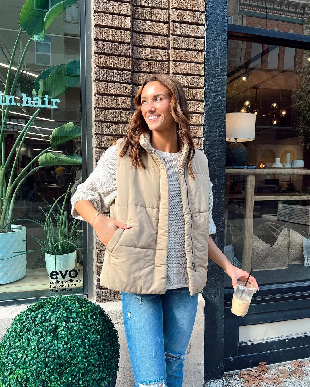 fall vest outfits for women 2026 Neutral Everyday Layers with a Beige Puffer Vest