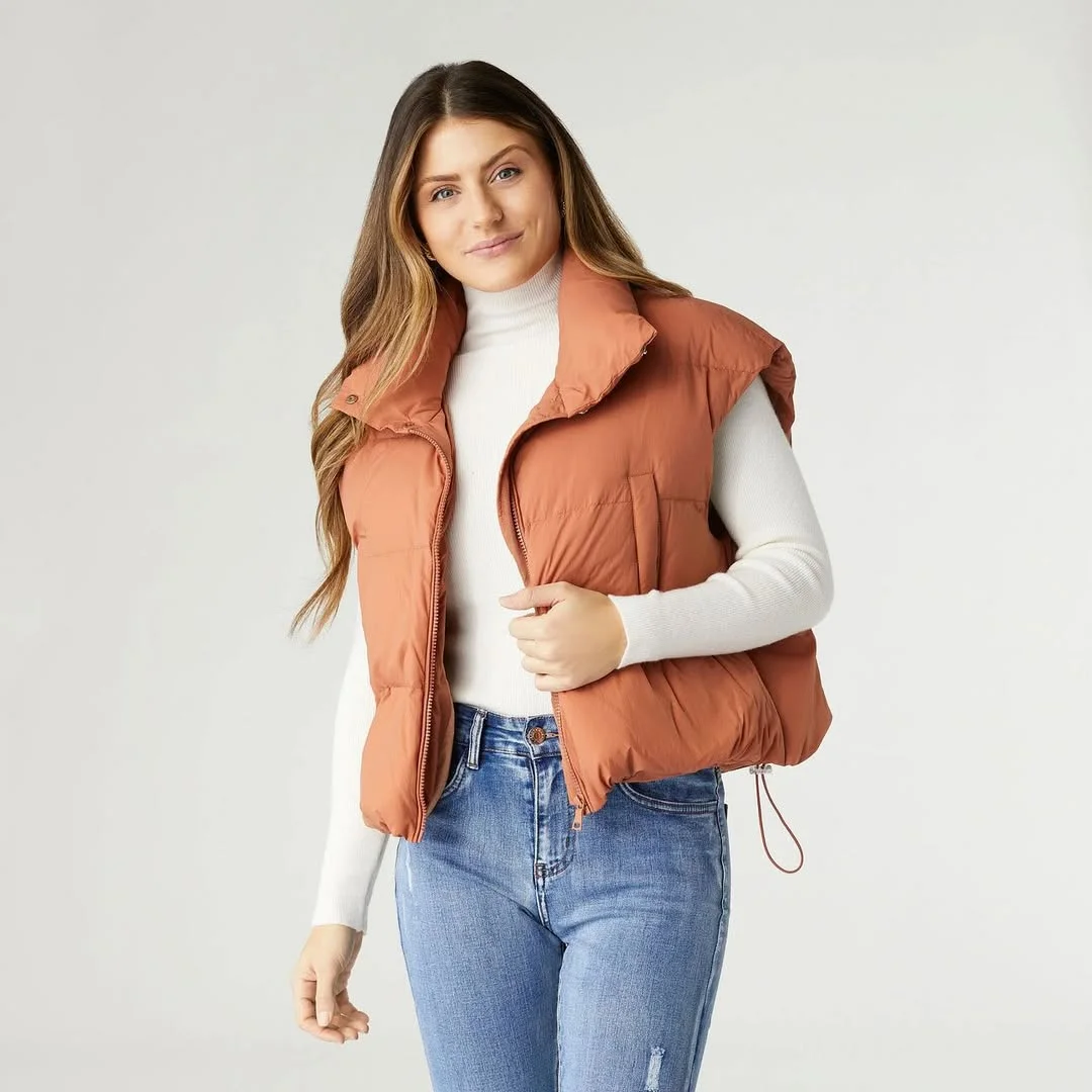 fall vest outfits for women 2026 Terracotta Puffer Vest with Clean Everyday Basics