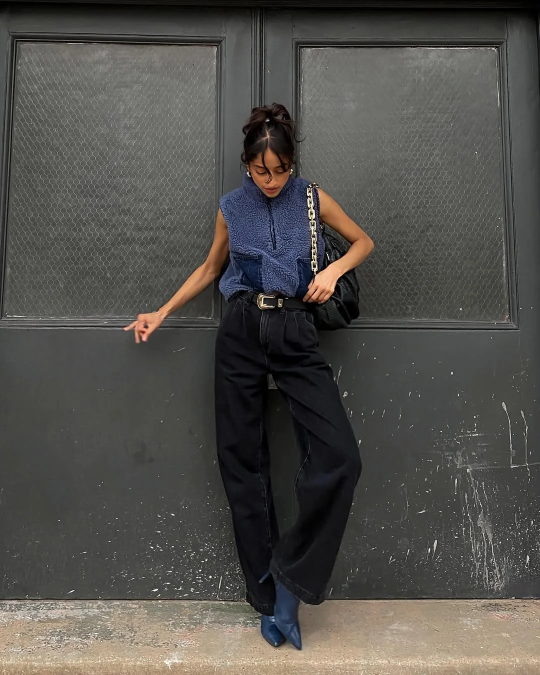 fall vest outfits for women 2026 Fashion-Forward Texture with a Modern Blue Sherpa Vest