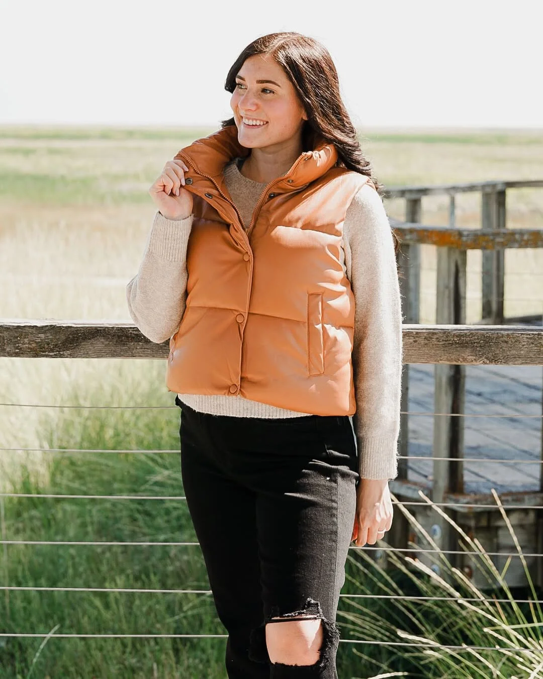 fall vest outfits for women 2026 Warm Caramel Puffer Vest with Cozy Weekend Basics