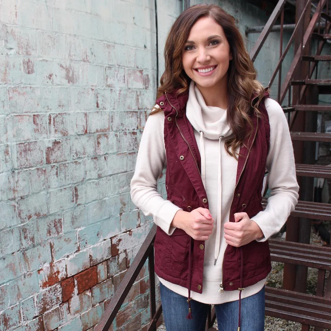 fall vest outfits for women 2026 Burgundy Utility Vest for Relaxed Everyday Layers