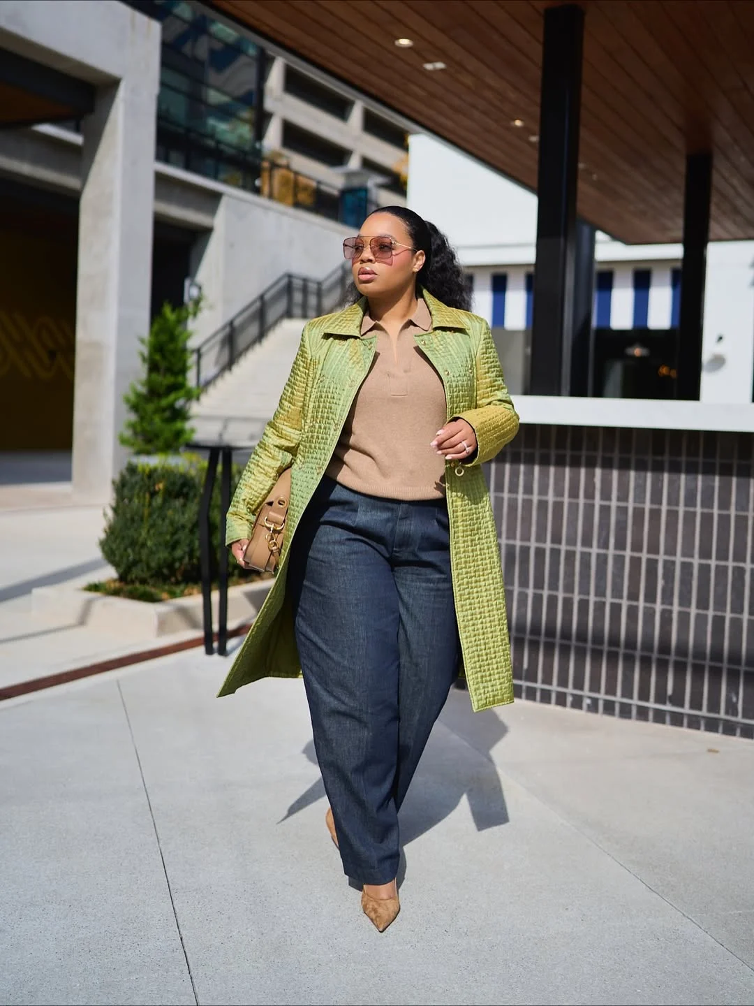fall work outfits 2026 Textured Green Layers That Make Office Denim Feel Elevated