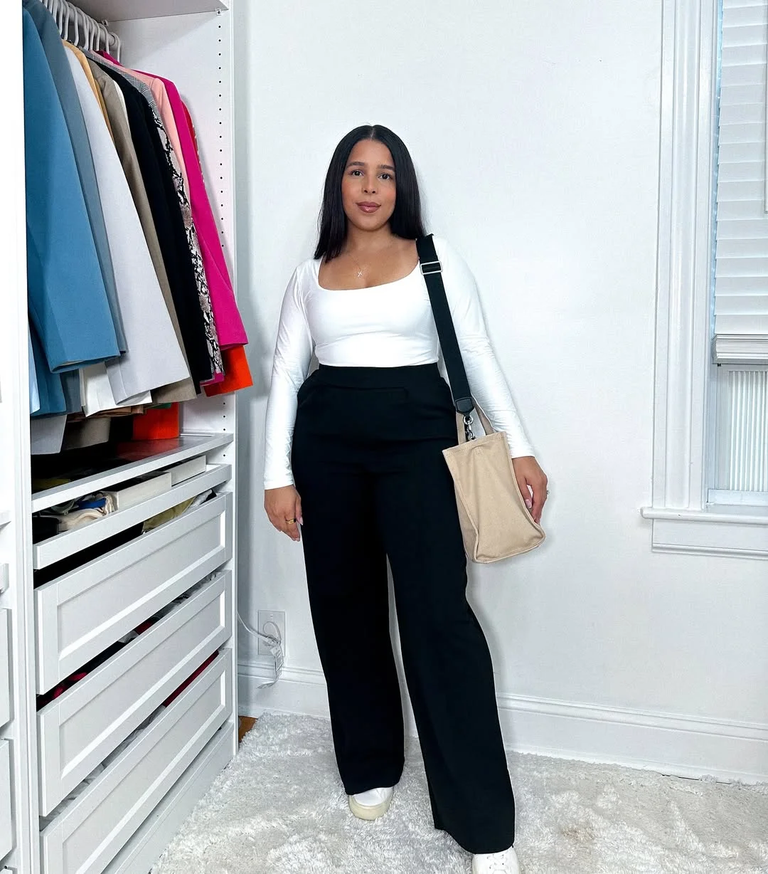 fall work outfits 2026 Black Wide-Leg Trousers and White Basics That Never Fail