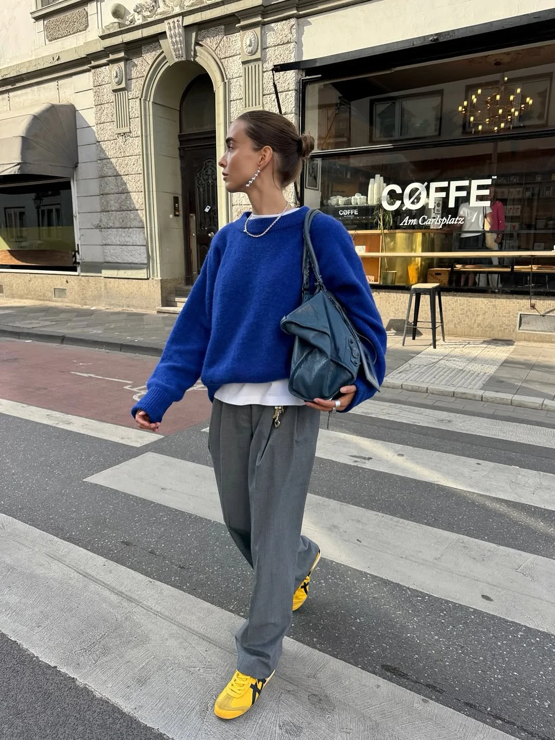 simple fall outfits 2026 A Bold Blue Sweater That Brightens Gray Fall Days