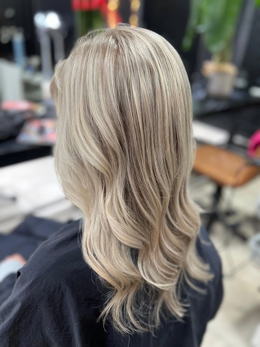 beige blond hair color Silky Mushroom Beige Blonde with Soft Layers