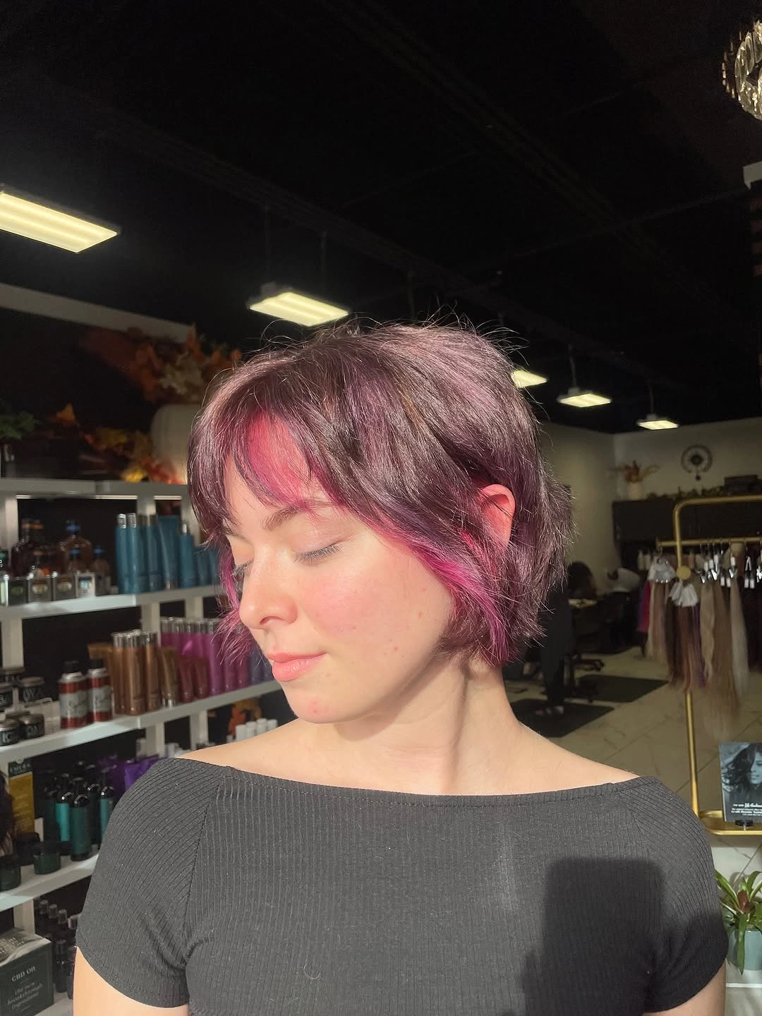 bixie haircut Soft Plum Layers with Vibrant Face-Framing Color