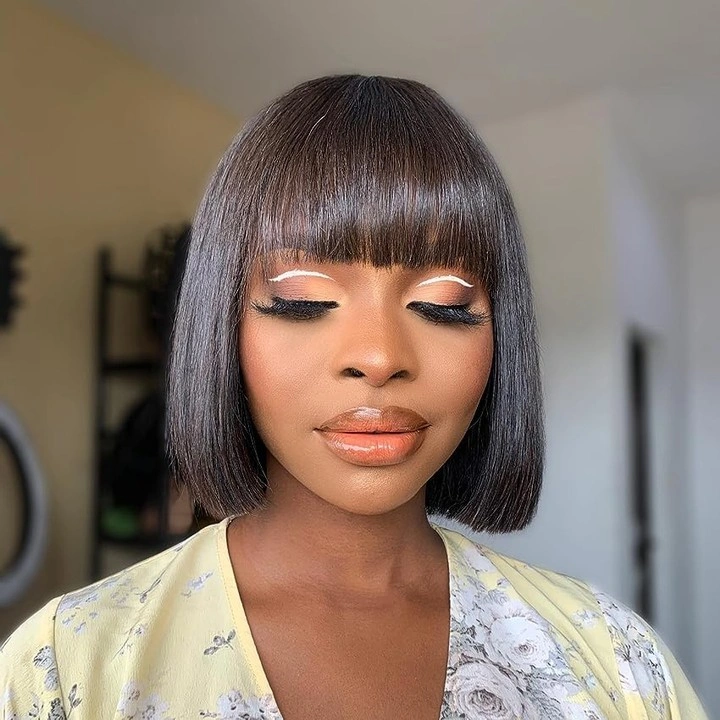 bob hairstyles for black women Straight Dark Bob With Blunt Glossy Bangs