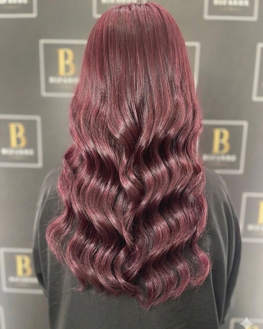 body waves hairstyle Glossy Burgundy Waves With Elegant Definition