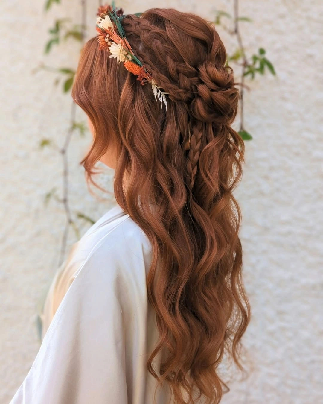 bridesmaid hairstyling Bohemian Braided Half-Up Style With Flowing Waves