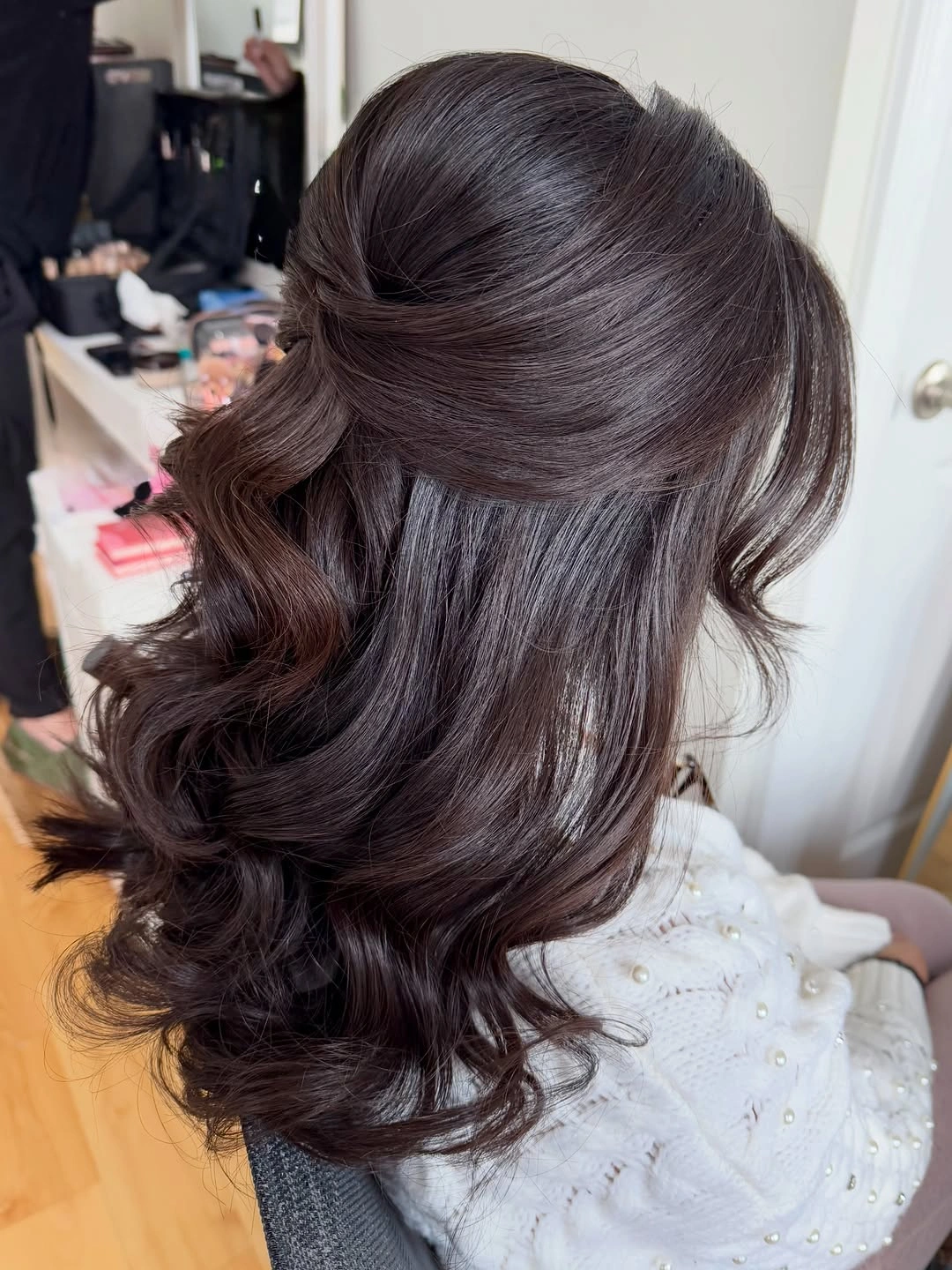 bridesmaid hairstyling Luxurious Half-Up Waves With Rich Brunette Shine