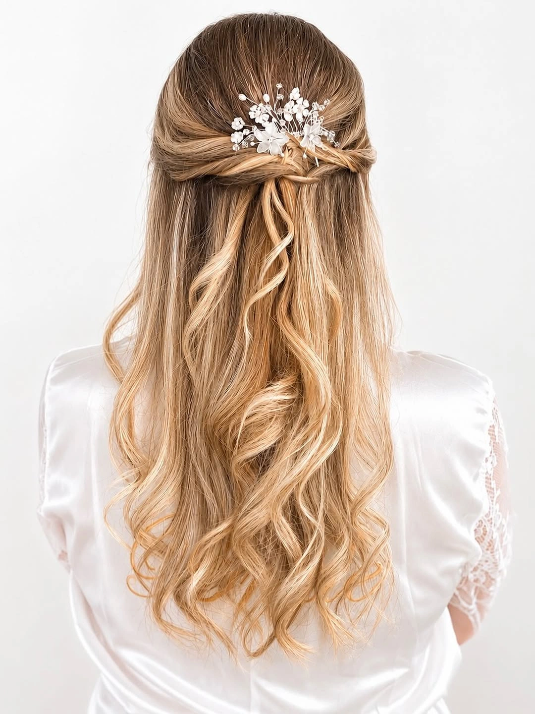 bridesmaid hairstyling Soft Blonde Half-Up Hairstyle With Delicate Floral Details
