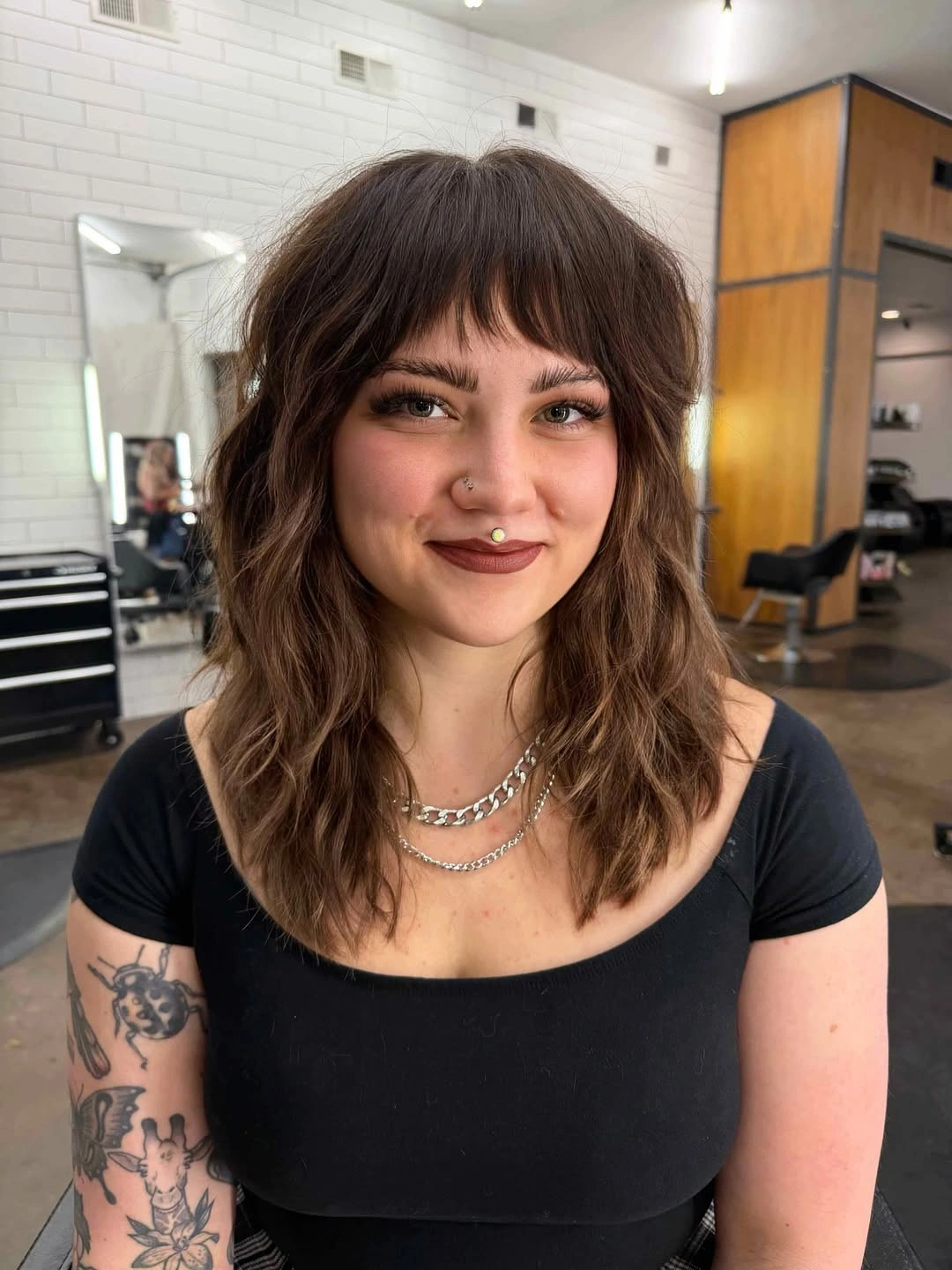 chestnut brown hair color Medium Chestnut Shag With Short Soft Bangs