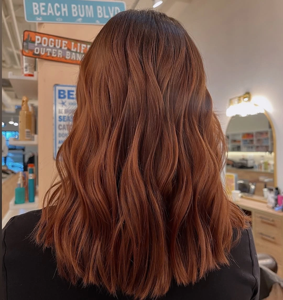 chestnut brown hair color Back View Copper Chestnut Lob With Loose Waves