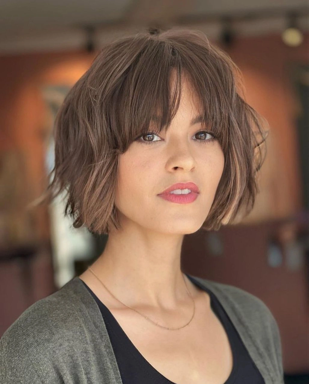 chestnut brown hair color Tousled Chestnut Bob With Airy Bangs