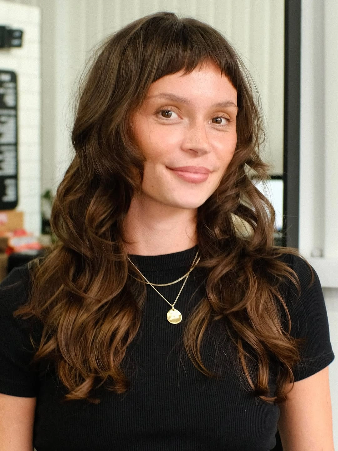 chestnut brown hair color Soft Chestnut Waves With Short Rounded Fringe