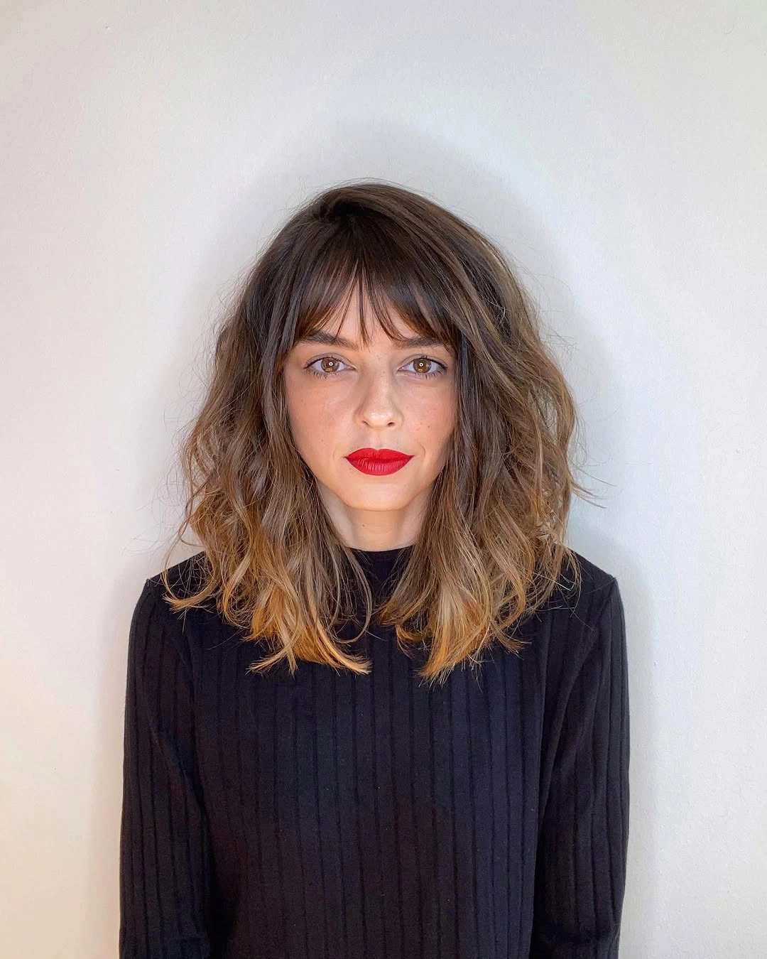 chestnut brown hair color Wavy Chestnut Shag With Soft Curtain Bangs