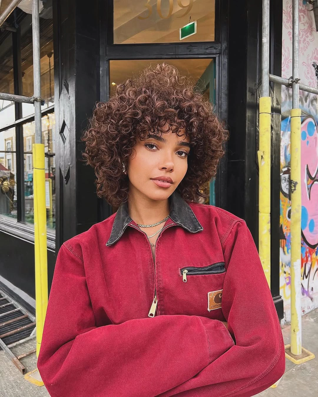 chestnut brown hair color Curly Chestnut Bob With Rounded Volume