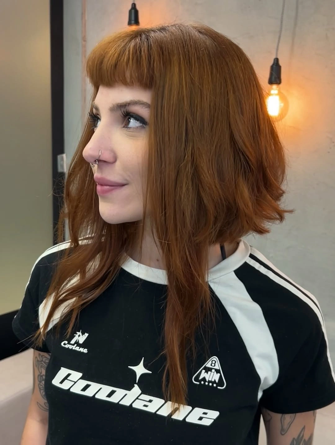 chestnut brown hair color Copper Chestnut Layers With Blunt Bangs
