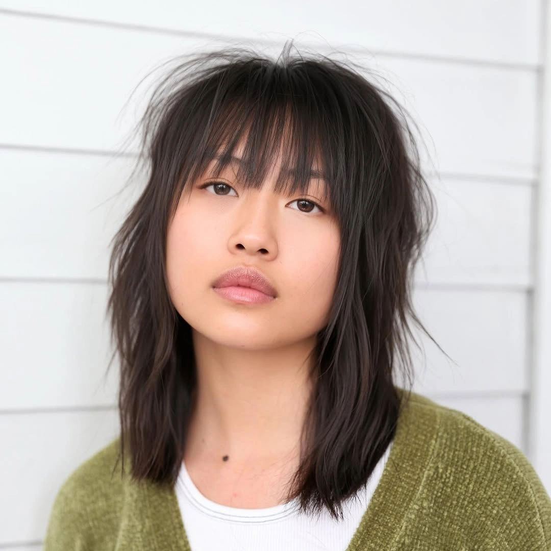 choppy medium layered hair Effortless Midnight Layers with Feathered Fringe