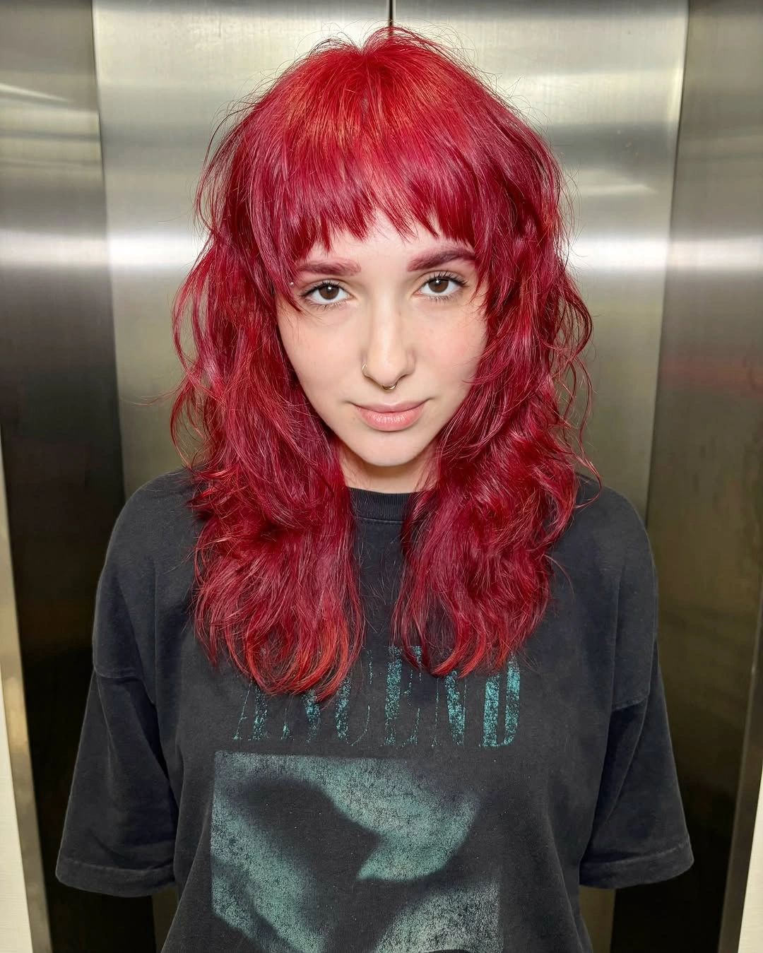 choppy medium layered hair Bold Cherry Red Layers with Playful Fringe